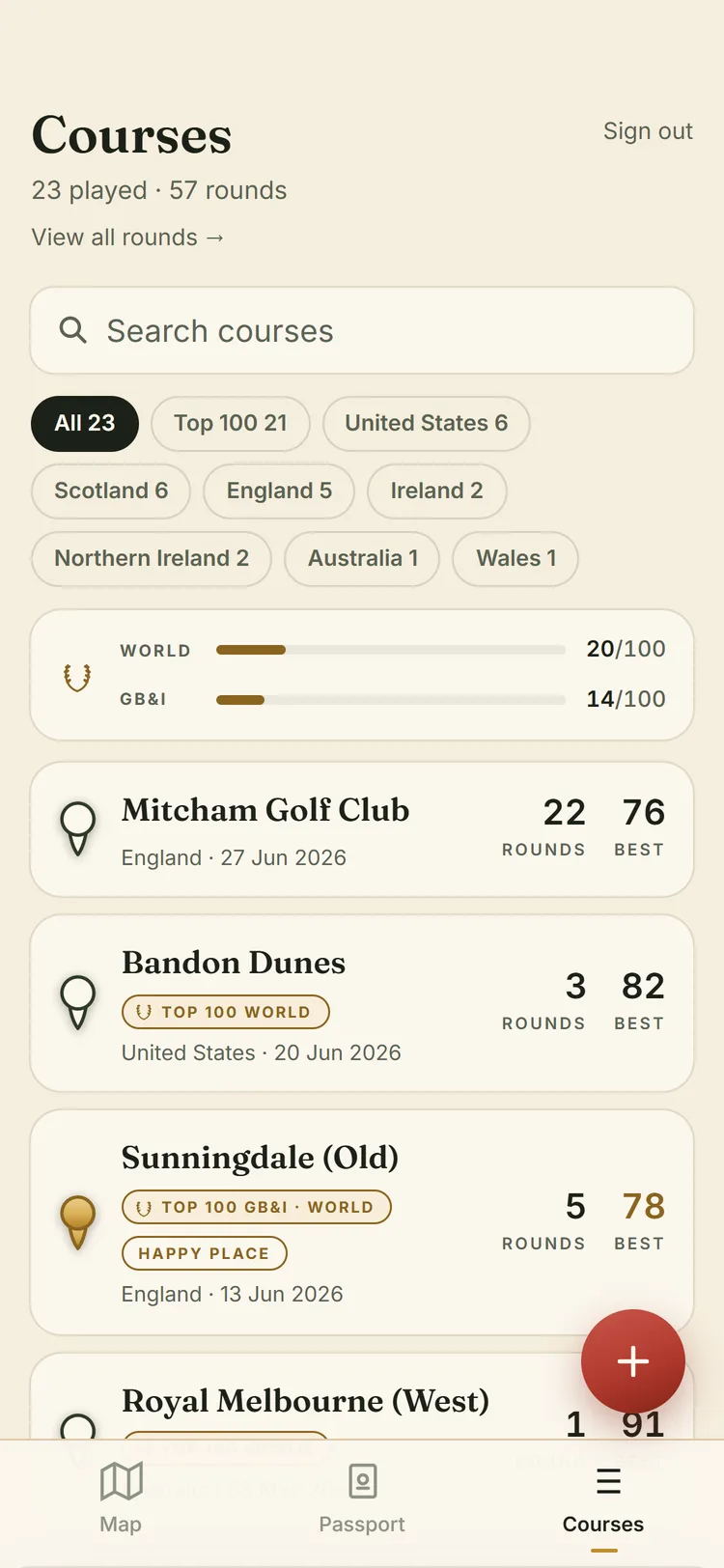 Stamped course list screen: logged courses with ratings and countries