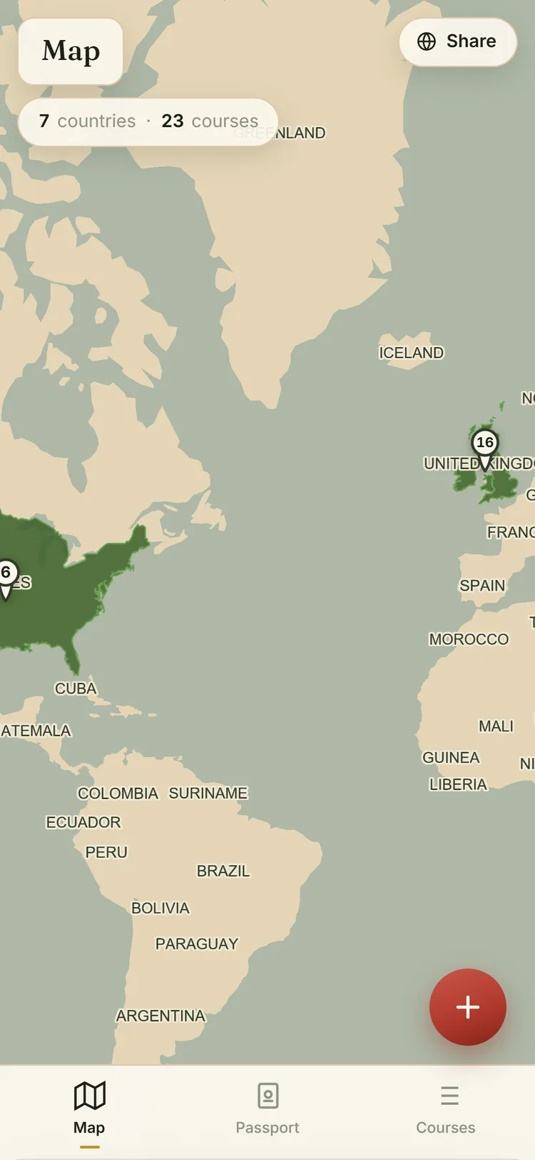 The Stamped map: played countries filled in green on a world map