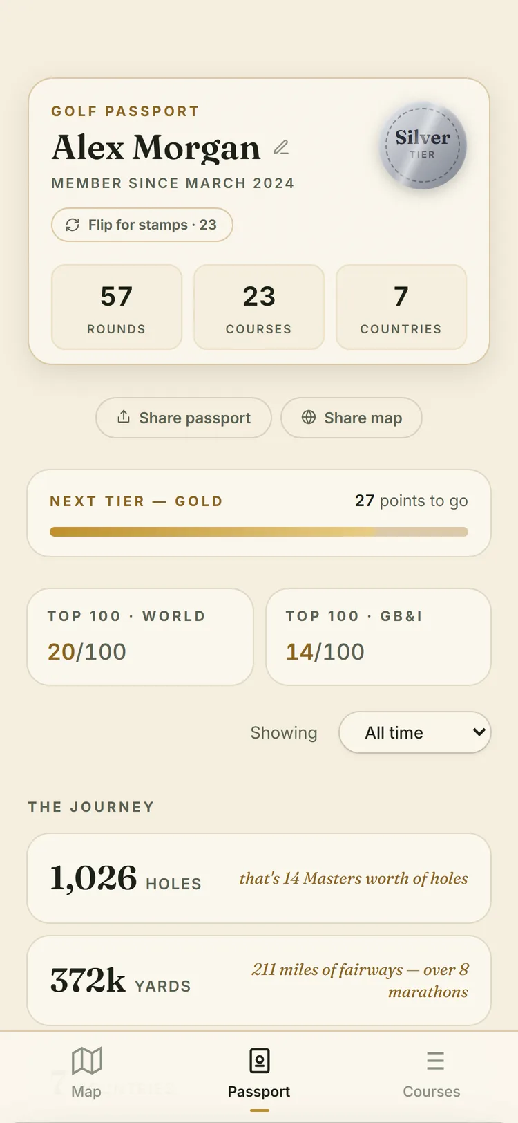 Stamped passport screen: a cream passport card with tier, rounds, courses and countries counts