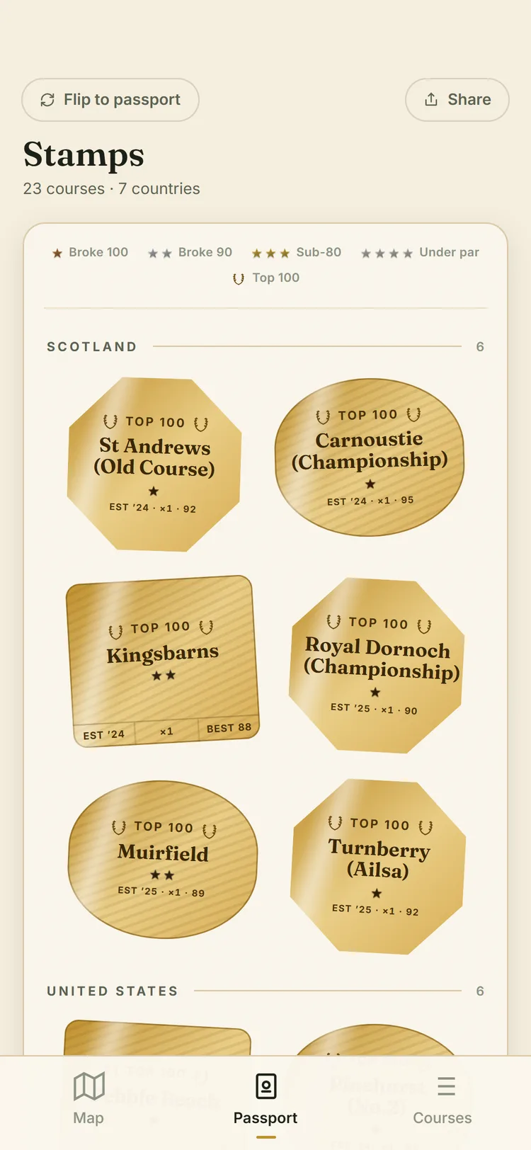 Stamped stamps screen: a grid of passport-style course stamps, some gold